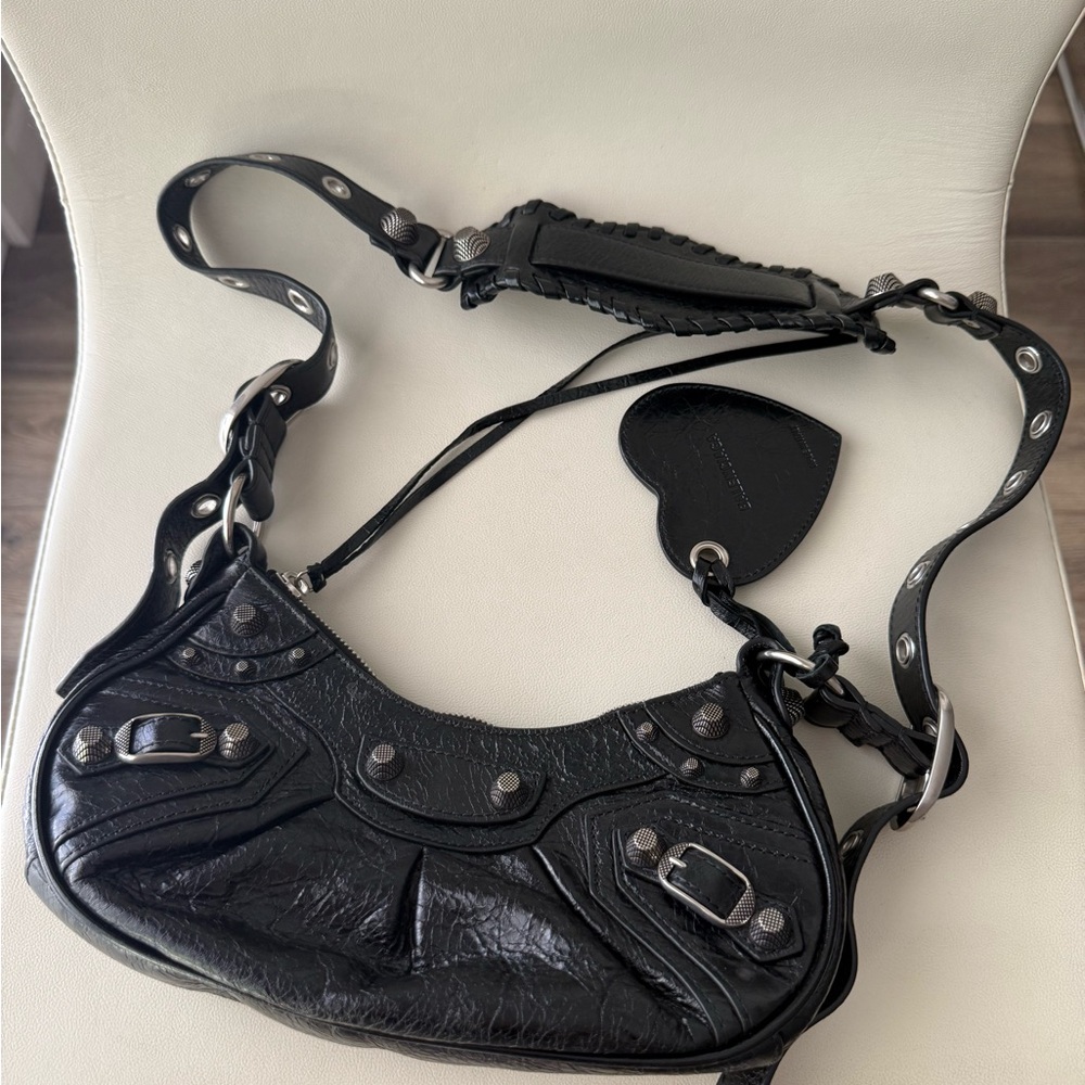 Balenciaga Black Leather Shoulder Bag with Heart Charm